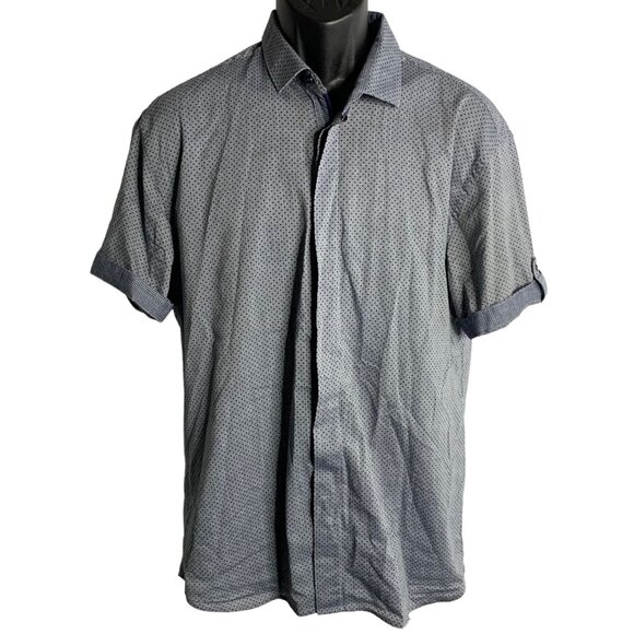 Louis Fabel Slim Fit Button Up Shirt XL Grey Blue Checkered Roll Tab Sleeves - Picture 1 of 6